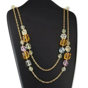 Super Long Chunky Gold Chain Amber Clear Faceted Acrylic Beads Necklace